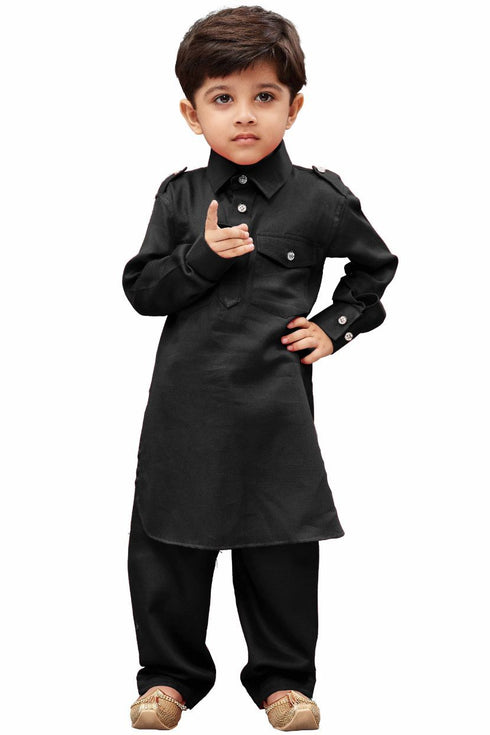Boys' Black Cotton Pathani Kurta